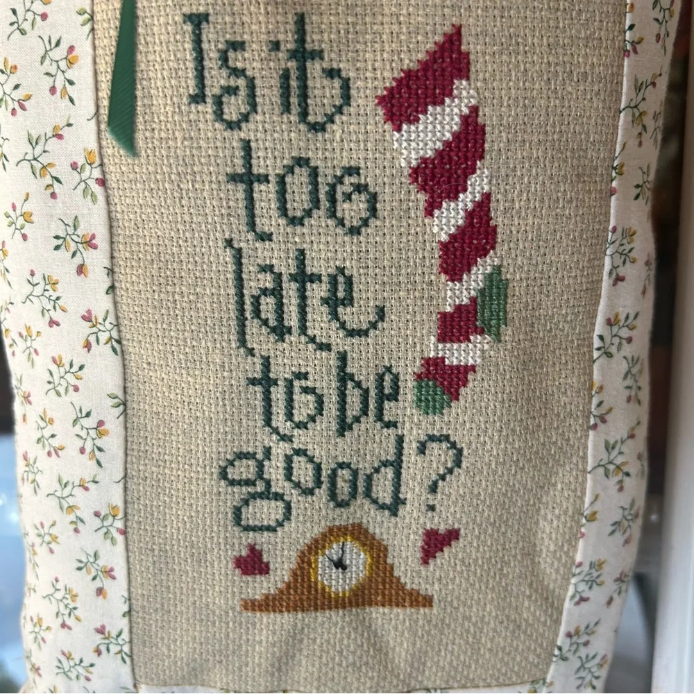 Handmade decor hang pillow Is it too late to be good? Cross-stitch Christmas